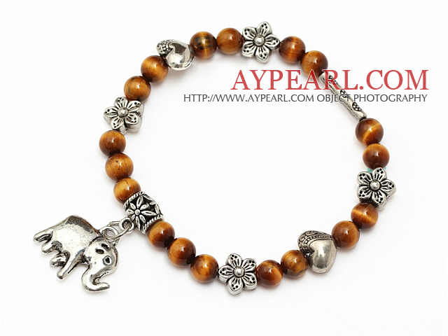 classique 6mm ronde oeil de tigre et argent tibet fleur de charme de coeur de elepant bracelet en perles