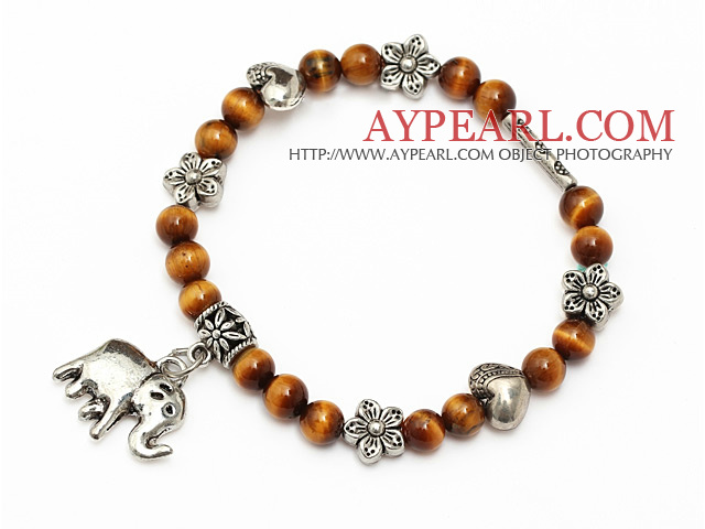 klassisk 6mm runde tiger øye og tibet sølv blomst hjerte Elepant sjarm beaded armbånd