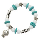 disque turquoise magnifique porcelaine blanche pierre et le Tibet tube floral bracelet de charme de poissons d'argent