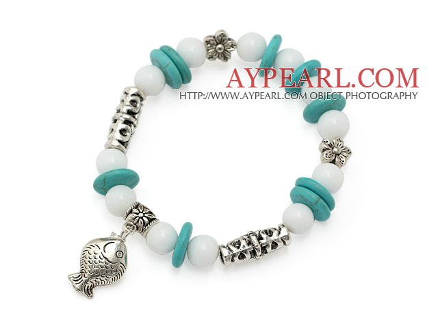 beautiful disc turquoise white porcelain stone and tibet silver tube flower fish charm bracelet