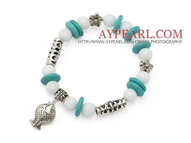 disque turquoise magnifique porcelaine blanche pierre et le Tibet tube floral bracelet de charme de poissons d'argent