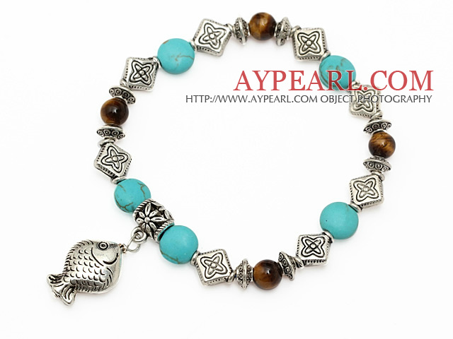 fashion blue turquoise round tiger eye and tibet silver fish charm beads bracelet