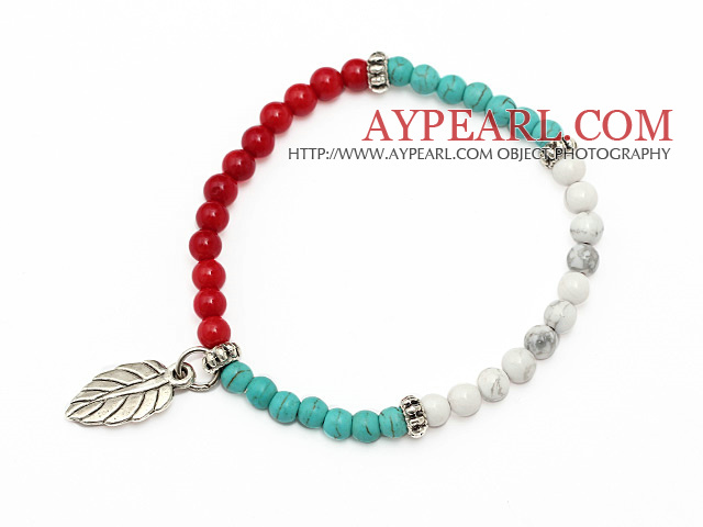 härlig 4mm vit och blå rund turkos röd korall och Tibet silver leaf charm pärlstav armband