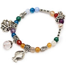 fashion multi colorful round agate and tibet silver fish flower tube charm beads bracelet