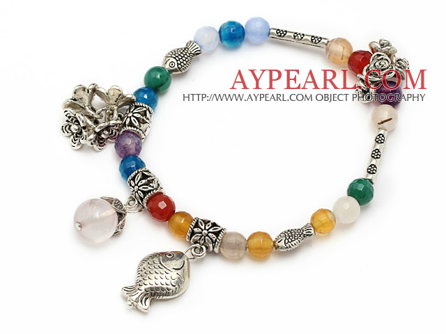 fashion multi colorful round agate and tibet silver fish flower tube charm beads bracelet