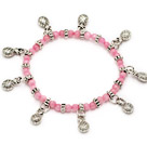 fashion elastic round pink jade and tibet silver lucky bag charm bracelet