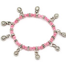 Wholesale fashion elastic round pink jade and tibet silver lucky bag charm bracelet