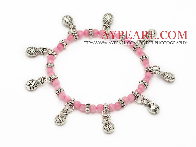 mode elastisk rund rosa jade och Tibet silver lyckliga väska berlockarmband