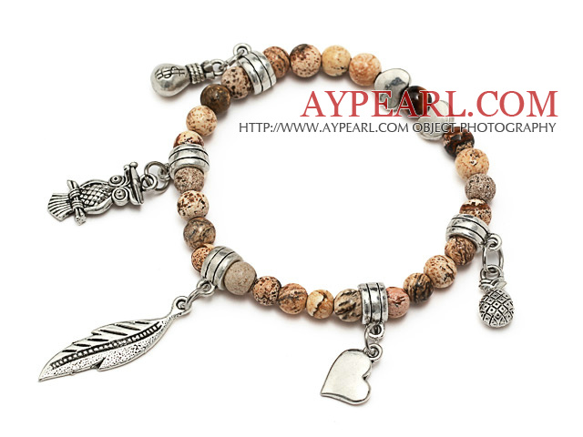 lovely 6mm picture jasper and tibet silver leaf bag heart owl charm beads bracelet
