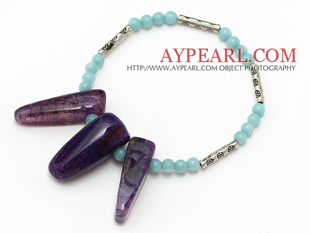 Elegant round amazon stone and large purple teeth agate tube charm bracelet