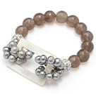 fashion gray freshwater pearl white hollow shell and facted gray agate bracelet with colorful rhinestone ball