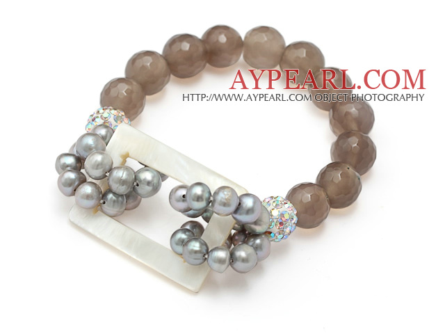 fashion gray freshwater pearl white hollow shell and facted gray agate bracelet with colorful rhinestone ball