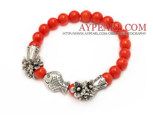 fashion 7mm orange red round coral and tibet silver fish horn flower charm beaded bracelet