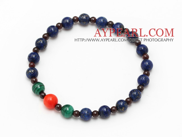 élégant ronde lapis grenat paon mixte et corail bracelet de perles extensible