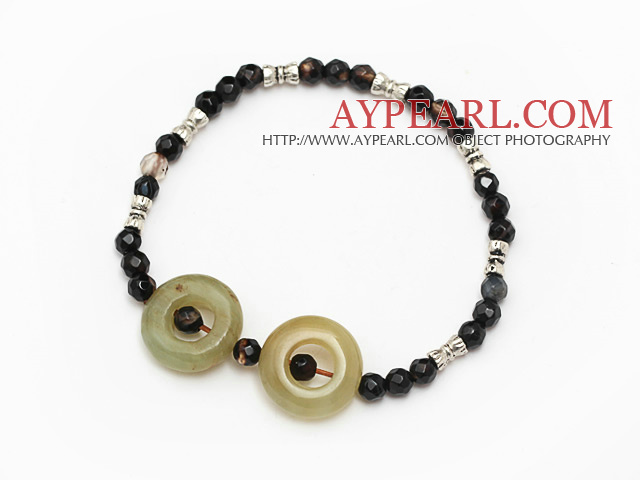 simple style faceted black agate and three color jade tibet silver charm bracelet