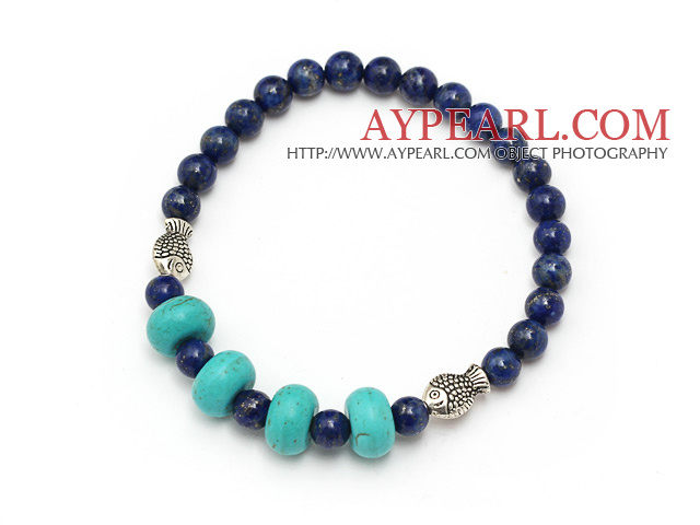 fashion round lapis and abacus blue turquoise tibet silver fish charm beads bracelet