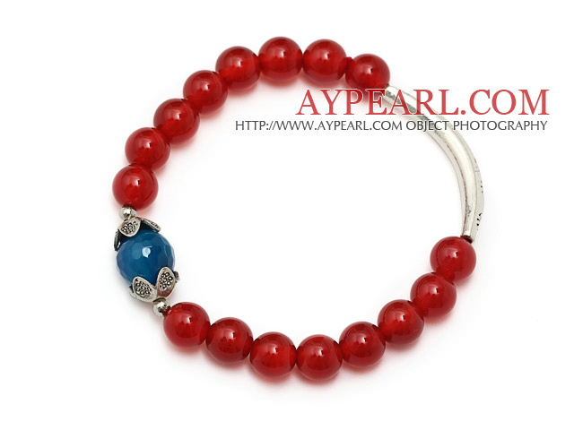 Classic En klass rund röd agat och mångfacetterad blå agat och Tibet silver kapsylröret berlockarmband