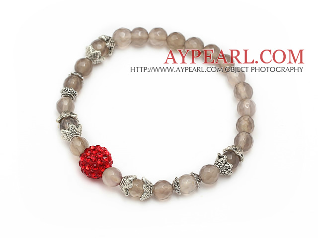 nice round faceted gray agate and red rhinestone ball stretch bracelet