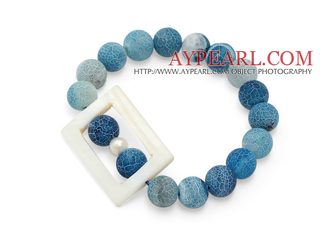 nice round decayed blue agate and white hollow rectangle shell beaded elastic bracelet