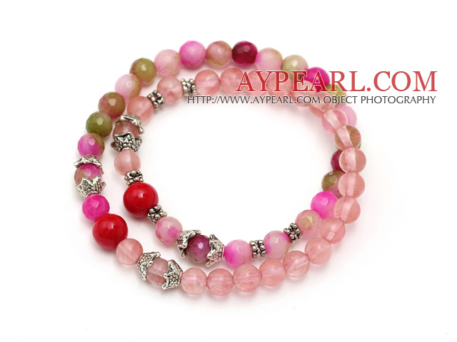 fashion round cherry quartz three color jade and red coral tibet silver charm beads bracelet