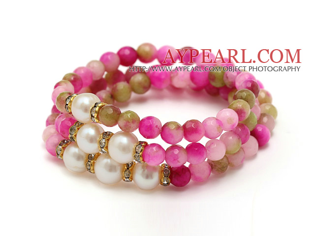 fashion multi srands round watermelon jade and white freshwater pearl beaded bracelet