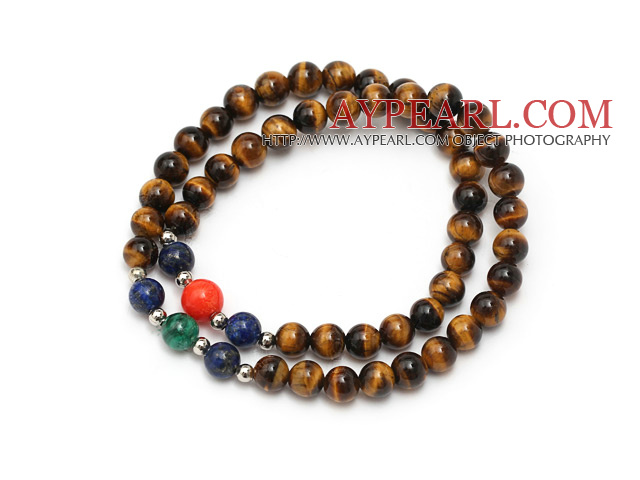 nice round tiger eye lapis peacock and red coral beaded elastic bracelet