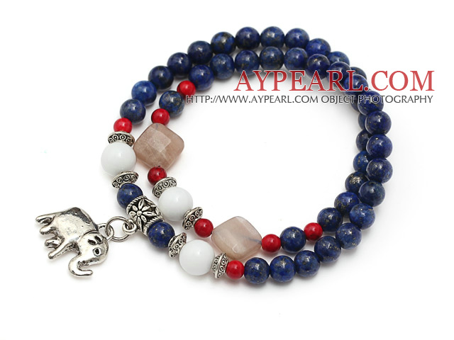 belle ronde lapis coquillage blanc sunstone et bloodstone bracelet en perles avec pendentif éléphant