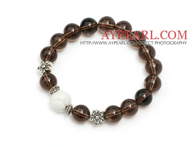 pretty natural round smoky quartz and white sea shell stretch bracelet