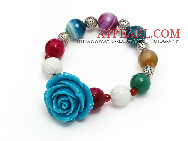 fashion multi color faceted round agate and white sea shell and blue resin flower beads bracelet