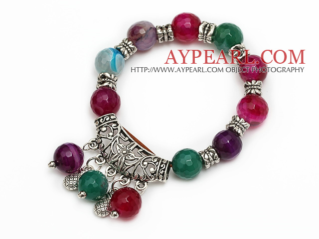 fashion 12mm facted multi color agate and tibet silver tube lucky bag charm bracelet