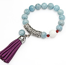 Wholesale fashion natural round aquamarine white sea shell and tibet silver tube charm bracelet with purple tassels