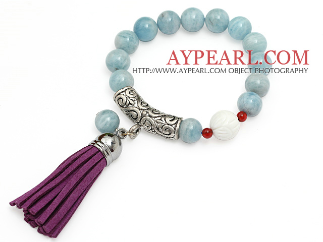 fashion natural round aquamarine white sea shell and tibet silver tube charm bracelet with purple tassels