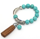 lovely 12mm round blue turquoise and tibet silver fish tube charm bracelet with brown tassels