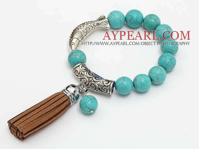 belle ronde 12mm bleu turquoise et le Tibet bracelet de charme de tube de poissons d'argent avec des glands bruns