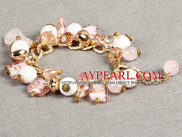 Jolie Style Ethnique Rose Série rose Crystal Rose Quartz Bracelet à breloques réglable Avec Golden Chain