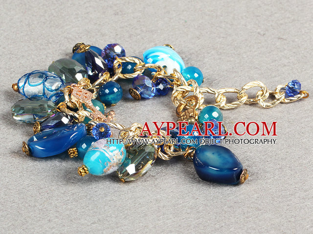 Etnisk stil Pretty Blue Series Blue Crystal färgad glasyr Agate pärlor Charm Justerbar armband med Golden Chain