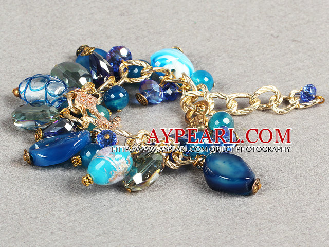 Ethnische Art Hübsche blaue Serie Blaue Kristall farbige Glasur Achat Perlen Charme justierbares Armband mit goldenen Kette