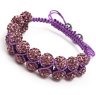 Style wowen bracelet de mode de la couche 10mm rose pourpre strass réglable violet cordon