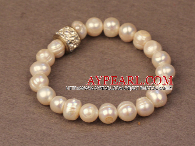 Simple Chic Style Natural White Freshwater Pearl Elastic Bracelet With Rhinestone Accessory