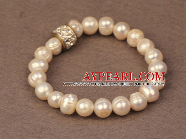 Enkel chic stil Natural White Freshwater Pearl Elastisk armband med Rhinestone tillbehör