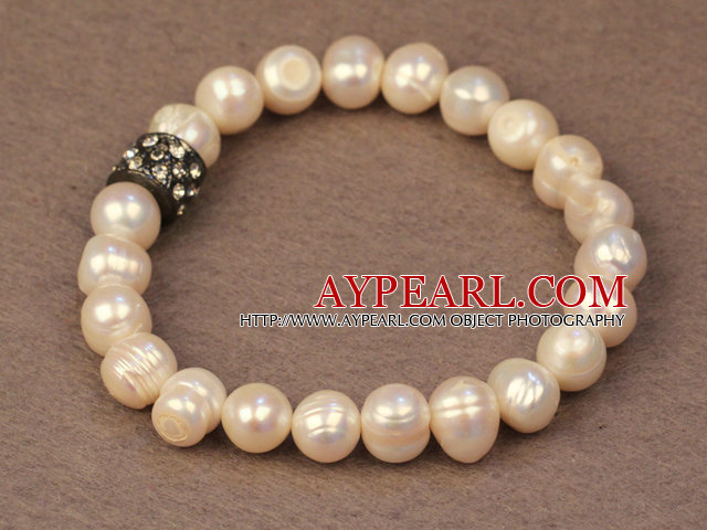 Simple Chic Style Natural White Freshwater Pearl Elastic Bracelet With Black Rhinestone Accessory