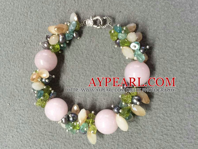 Hot Sale Popular Round Pink Jade Beads Cluster Black Pearl Crystal Olivine Stone Chipes Bracelet