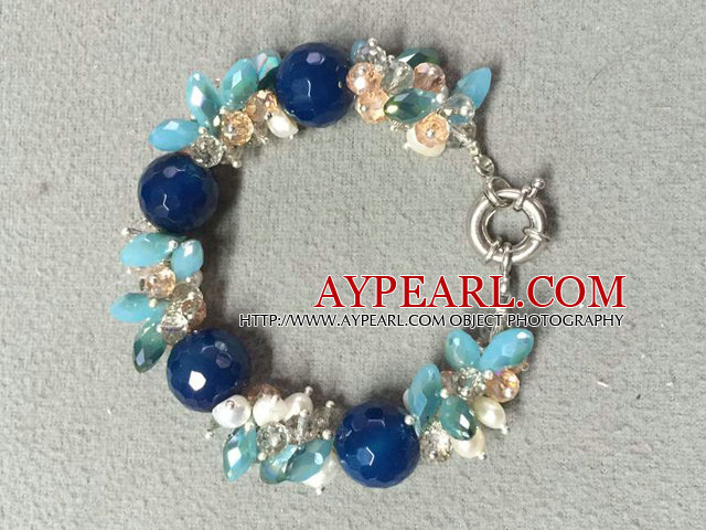 Hot Vanzare populare Runda Deep Blue Agate margele Cluster alb Pearl Crystal Chips brățară