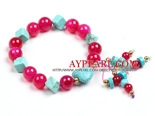 Simple Style Single Strand Cube And Heart Shape Blue Turquoise Rose Red Agate Beads Stretch / Elastic Bracelet