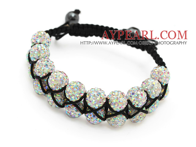 fashion layer 10mm AB color rhinestone woven adjustable black drawstring bracelet