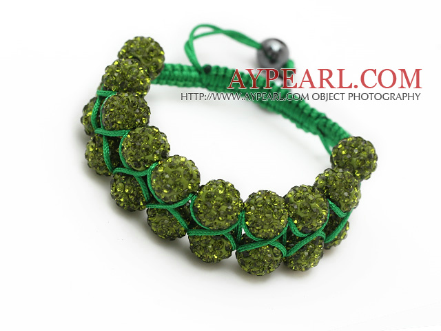fashion layer style 10mm yellow olive color rhinestone woven adjustable green drawstring bracelet