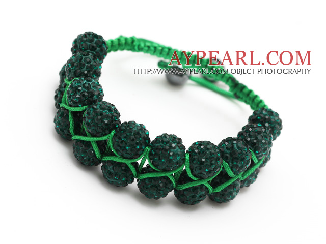 nice layer style 10mm dark green rhinestone woven adjustable green drawstring bracelet