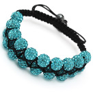 fashion layer 10mm sky blue rhinestone woven adjustable black drawstring bracelet