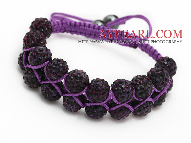 nice layer style 10mm purple rhinestone woven adjustable purple drawstring bracelet