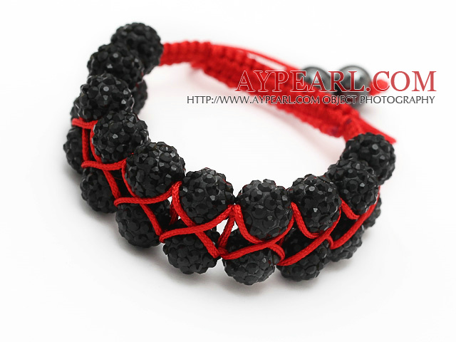elegant layer style 10mm svart rhinestone rød wowen justerbar snor armbånd